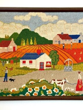 Vintage Needlepoint Farm Landscape Hand-Stitched Embroidery Country Flowers Tree